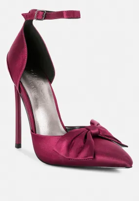 DINGLES Burgundy Bow Embellished Satin Stiletto Sandals