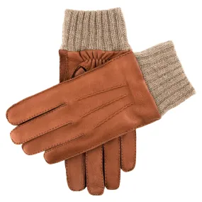 Men's Handsewn Three-Point Cashmere-Lined Deerskin Leather Gloves with Cashmere Cuffs