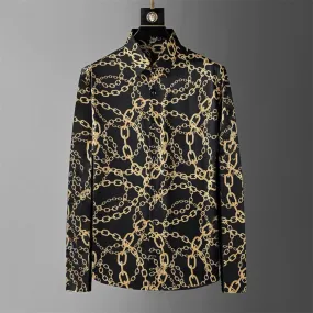 Men's Vintage Chain Print Shirt | Luxury Long Sleeve Loose Fit for Casual Business & Party Wear